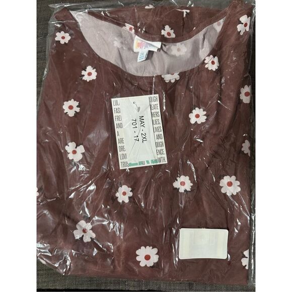 LuLaRoe XL Brown with White Flowers May Long Sleeve Mesh Top - Picture 2 of 4